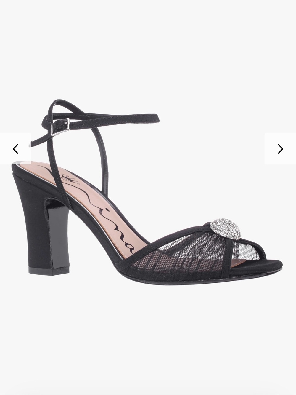 Black Mesh Ankle-Strap Dress Sandals with Crystal Accent